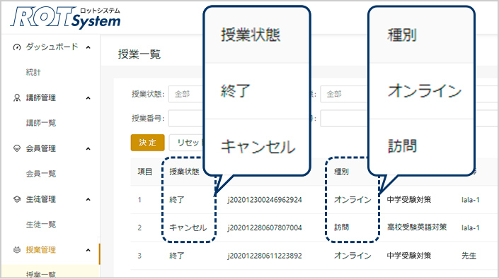 管理画面 授業履歴