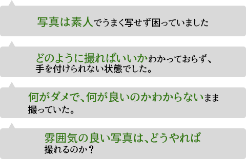 写真は素人でうまく写せず困っていましたどのように撮ればいいかわかっておらず、手を付けられない状態でした。何がダメで、何が良いのかわからないまま撮っていた。雰囲気の良い写真は、どうやれば撮れるのか？